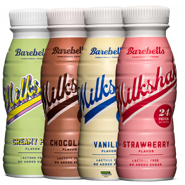 Barebells Protein Milkshake. Abbildung: Sortenübersicht; Abbildung zeigt mehrere Flaschen