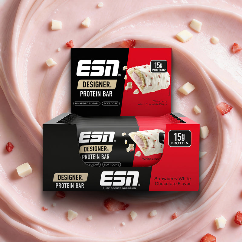 ESN Designer Bar. Abbildung: Strawberry White Chocolate, 45 g; Displayabbildung